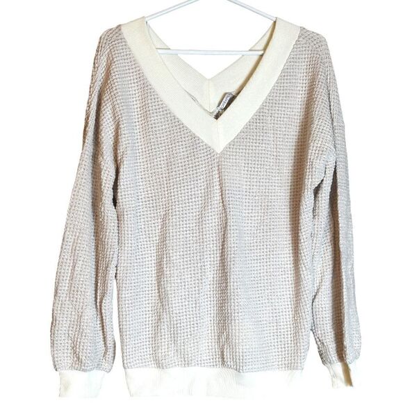 ADREAMLY Cozy Long Sleeve Waffle Knit V-Neck Cream Sweater NWT 📦 - Picture 1 of 9